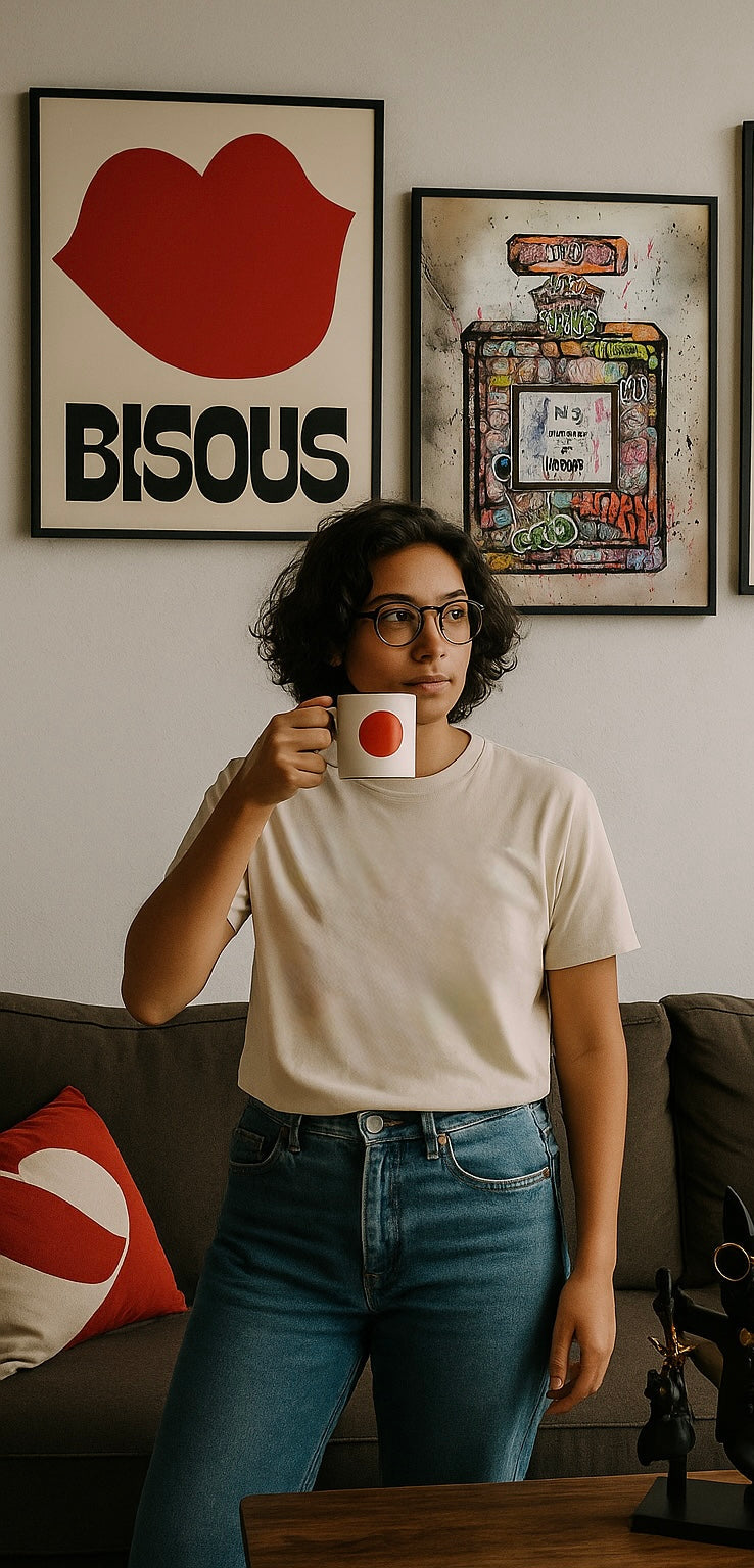 Décoration murale pop art dans un salon moderne, avec affiches graphiques ‘Bisous’, flacon détourné et illustration urbaine engagée, femme en t-shirt blanc buvant un café