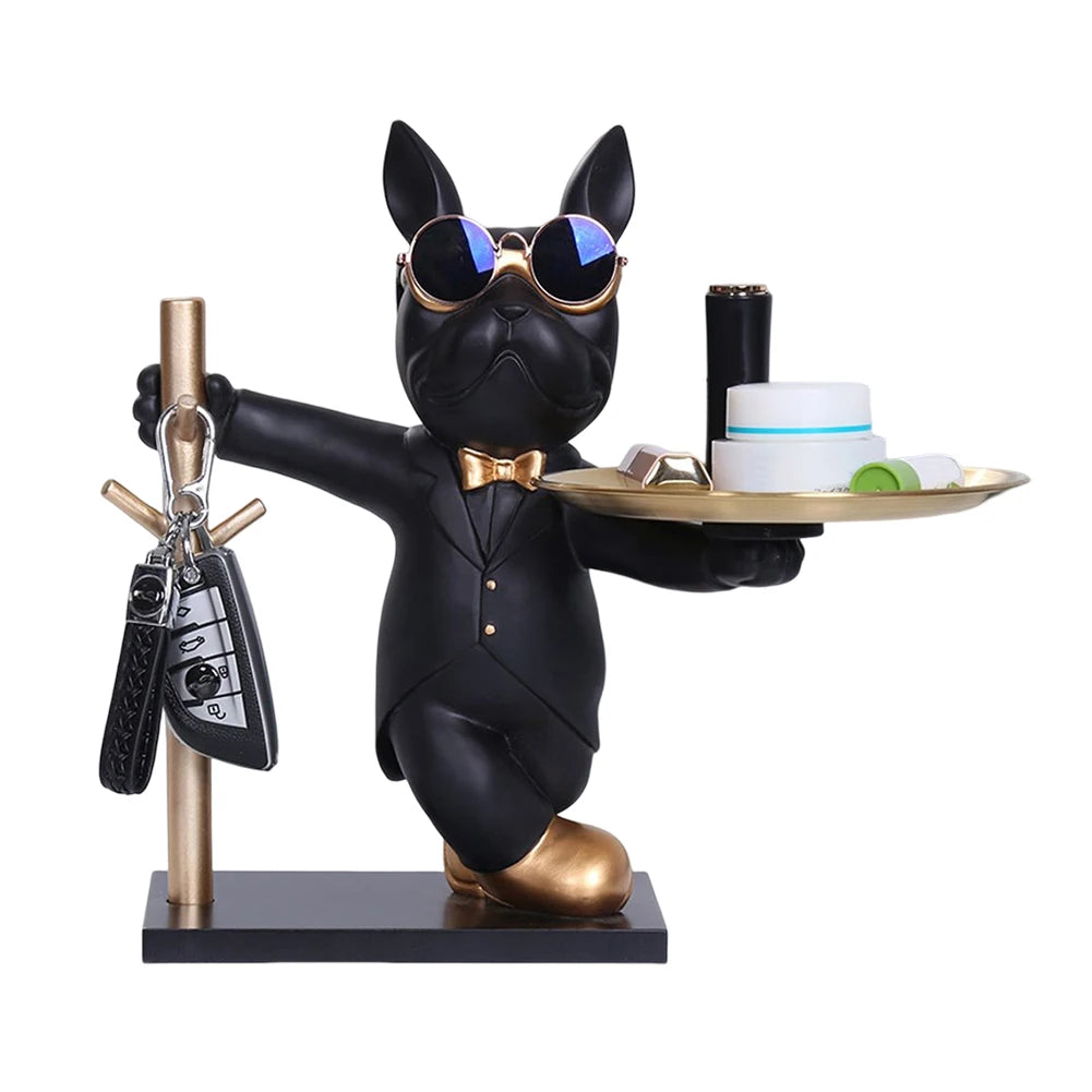 Sculpture chien noir chic avec lunettes miroir, nœud doré et porte-clés intégré, tenant un plateau doré – accessoire déco original et pratique pour entrée ou console modern