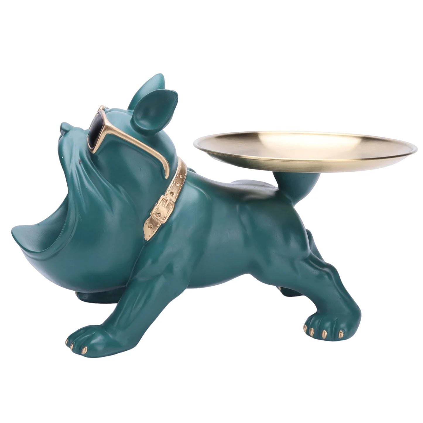 Sculpture décorative bulldog vert avec lunettes et double plateau porte-bonbons, objet déco insolite et fonctionnel pour intérieur moderne et ludique.
