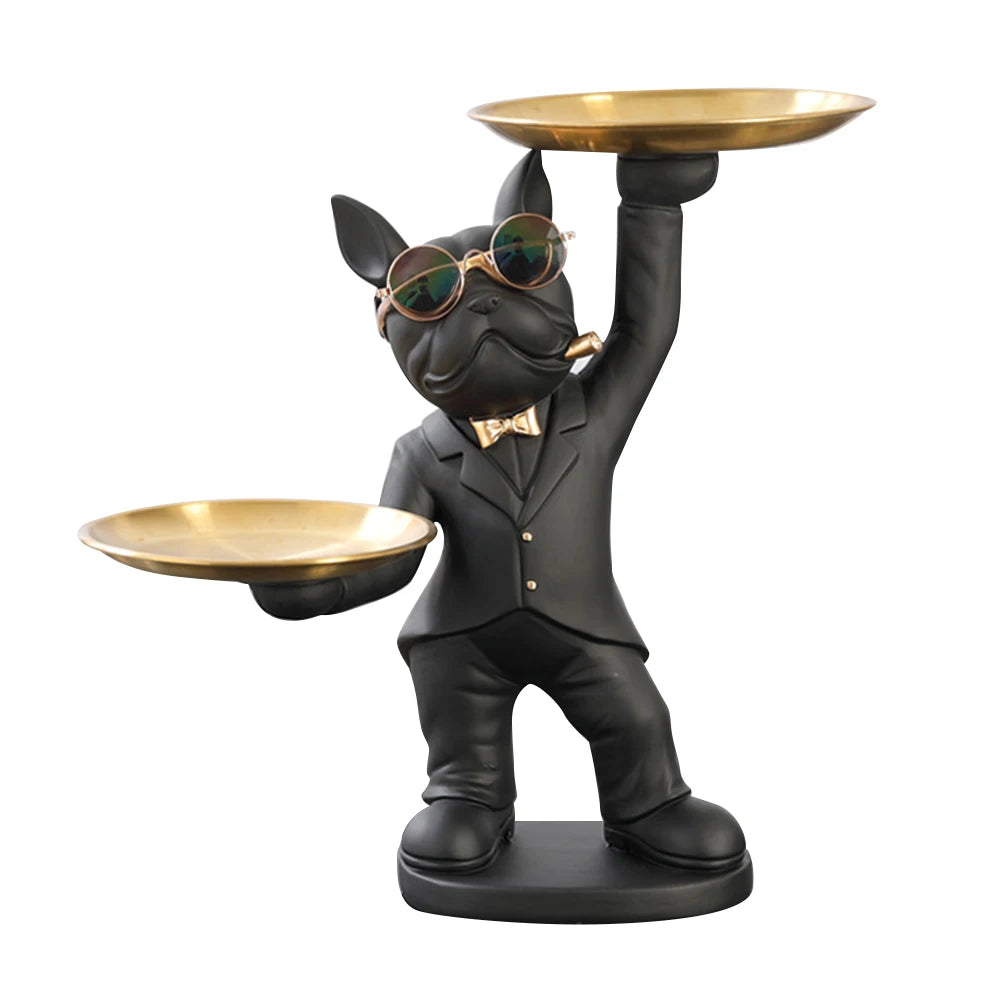 Sculpture déco chien noir en costume avec lunettes miroir et double plateau doré — un objet original, chic et pratique pour une touche fun dans un intérieur moderne