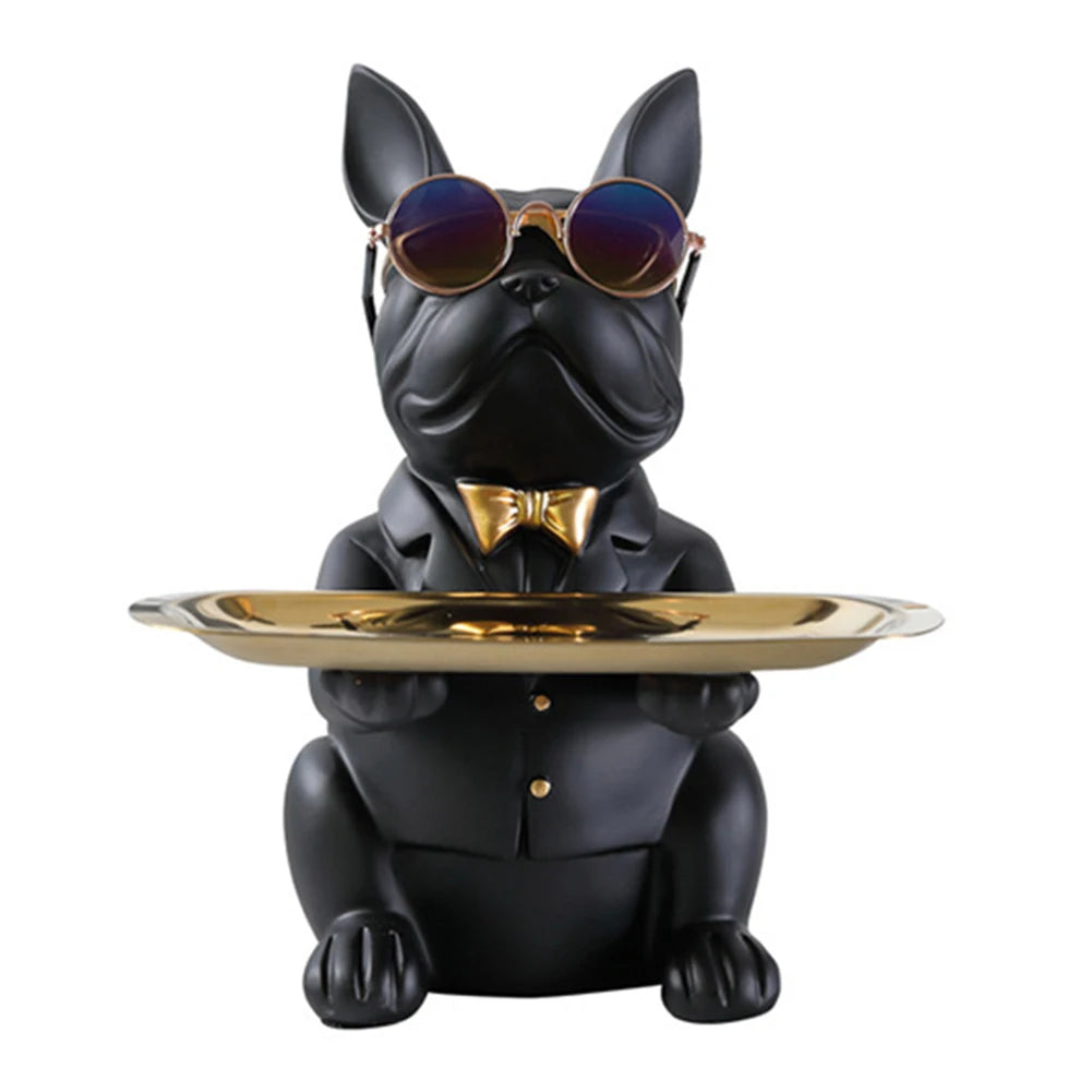 Sculpture déco chien noir chic avec plateau doré — accessoire design et décalé, idéal pour une touche élégante et tendance dans un intérieur moderne