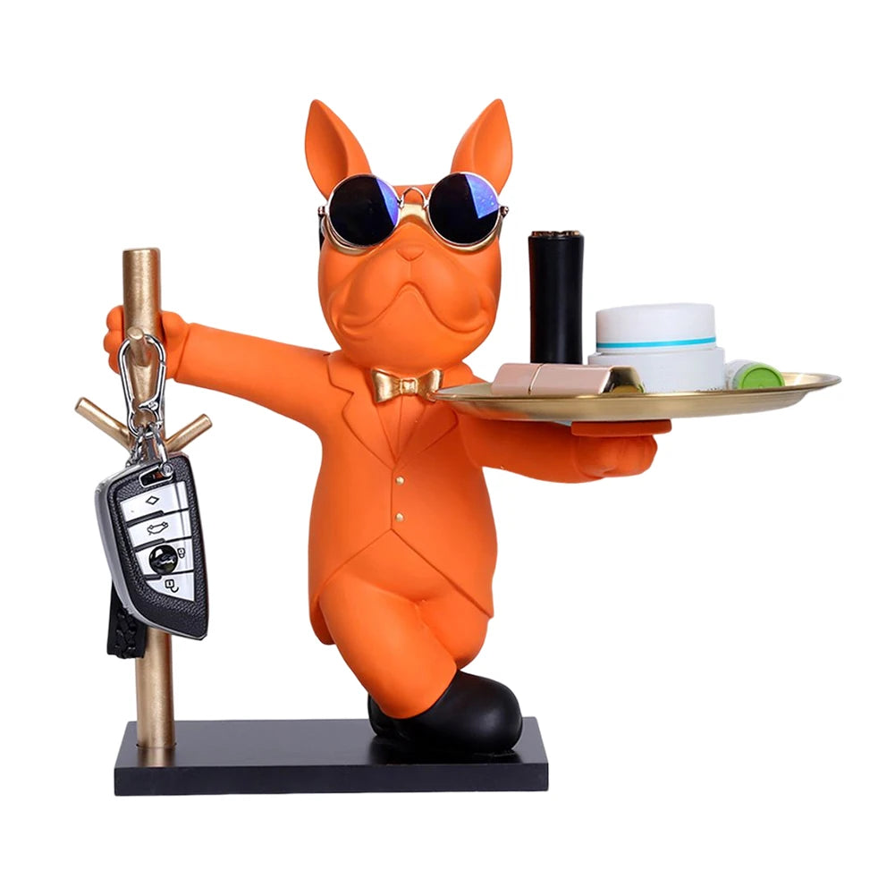 Chien orange pop avec plateau doré et lunettes noires — un vide-poche décalé et coloré pour une déco d’intérieur audacieuse, parfaite pour une entrée ou une coiffeuse moderne