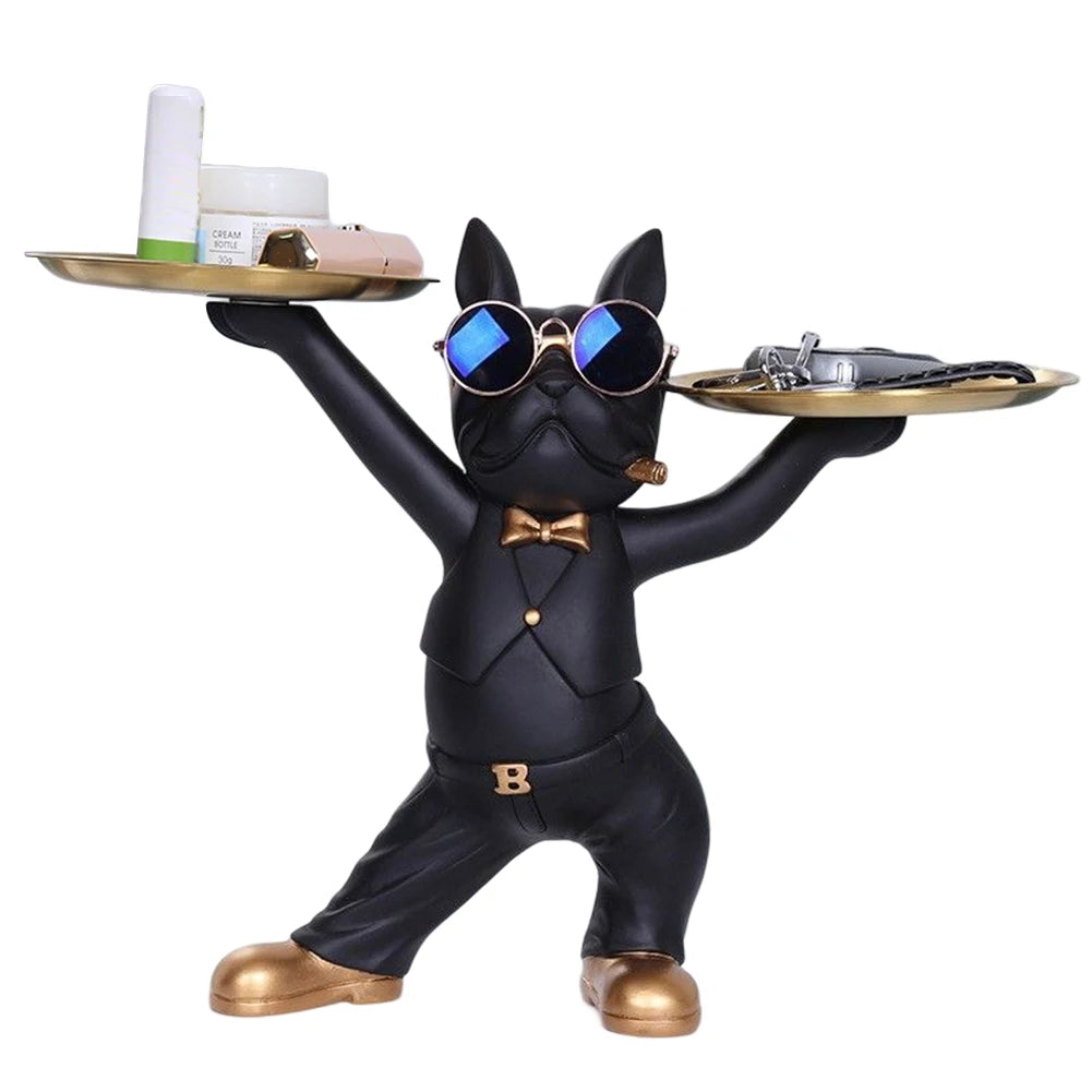 Sculpture chien majordome noir avec lunettes miroir et plateau double — un objet déco fun et chic pour organiser vos clés, bijoux ou cosmétiques avec une touche pop art décalée.