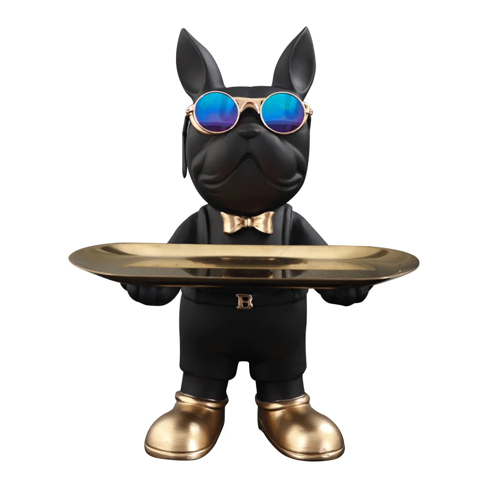 Statue noir de chien bulldog debout chic avec lunettes dorées et plateau en métal, objet déco ludique et élégant pour intérieur design