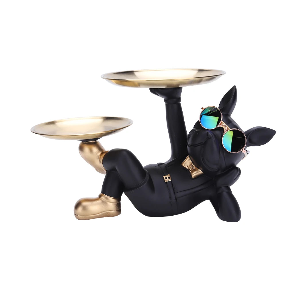 Sculpture chien majordome noir lunettes miroir arc-en-ciel — objet déco original et pratique avec double plateau doré pour une ambiance moderne, fun et audacieuse.