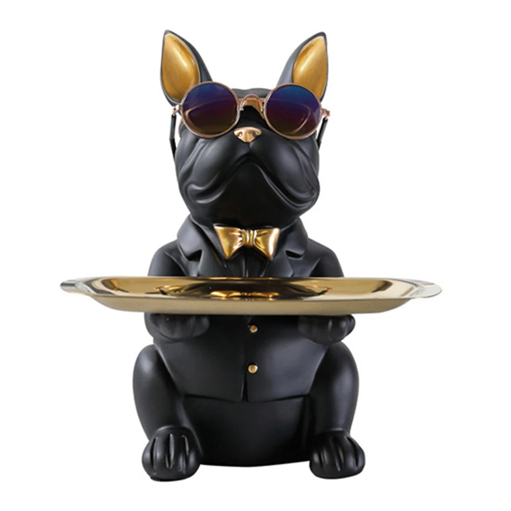 Sculpture déco chien noir chic avec plateau doré — accessoire design et décalé, idéal pour une touche élégante et tendance dans un intérieur moderne