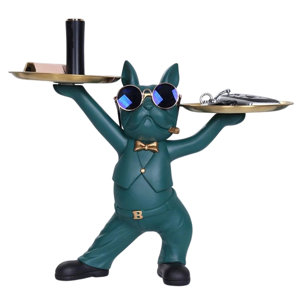 Sculpture chien vert avec lunettes et plateaux dorés — objet déco original et pratique, parfait pour apporter une touche arty et chic à un intérieur contemporain