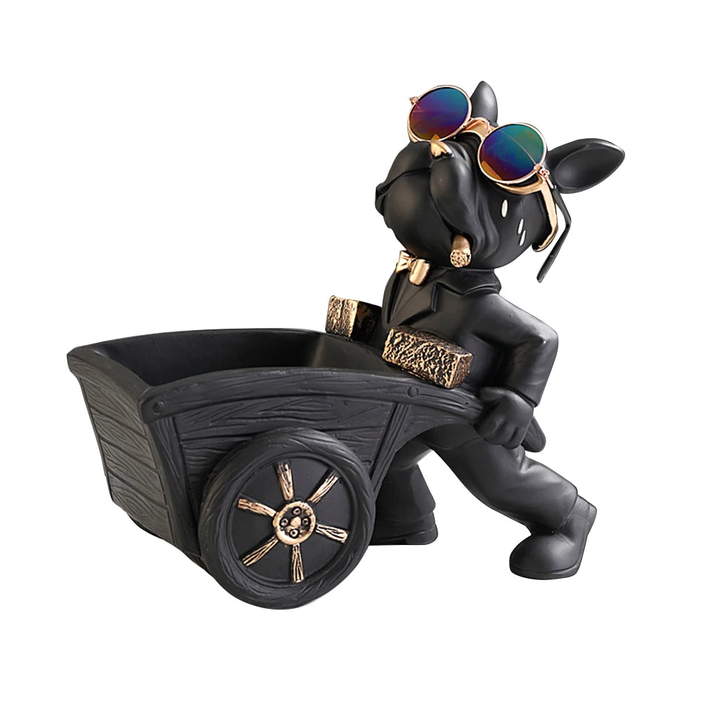 Sculpture déco chien noir avec lunettes miroir et brouette, objet design original et tendance pour une touche fun dans un intérieur modern