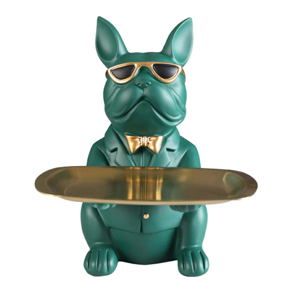 Sculpture déco chien vert chic avec plateau doré — accessoire design et décalé, idéal pour une touche élégante et tendance dans un intérieur moderne