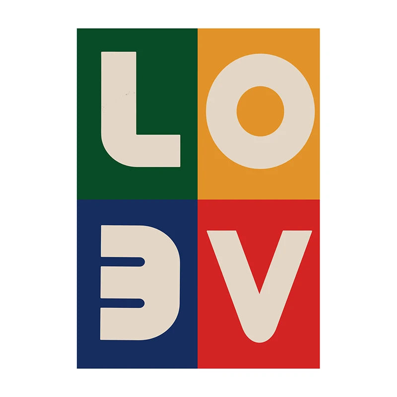 Affiche pop art avec lettrage “LOVE” en blocs colorés (vert, jaune, bleu, rouge), design graphique rétro inspiré de l’art moderne pour décoration murale dynamique.