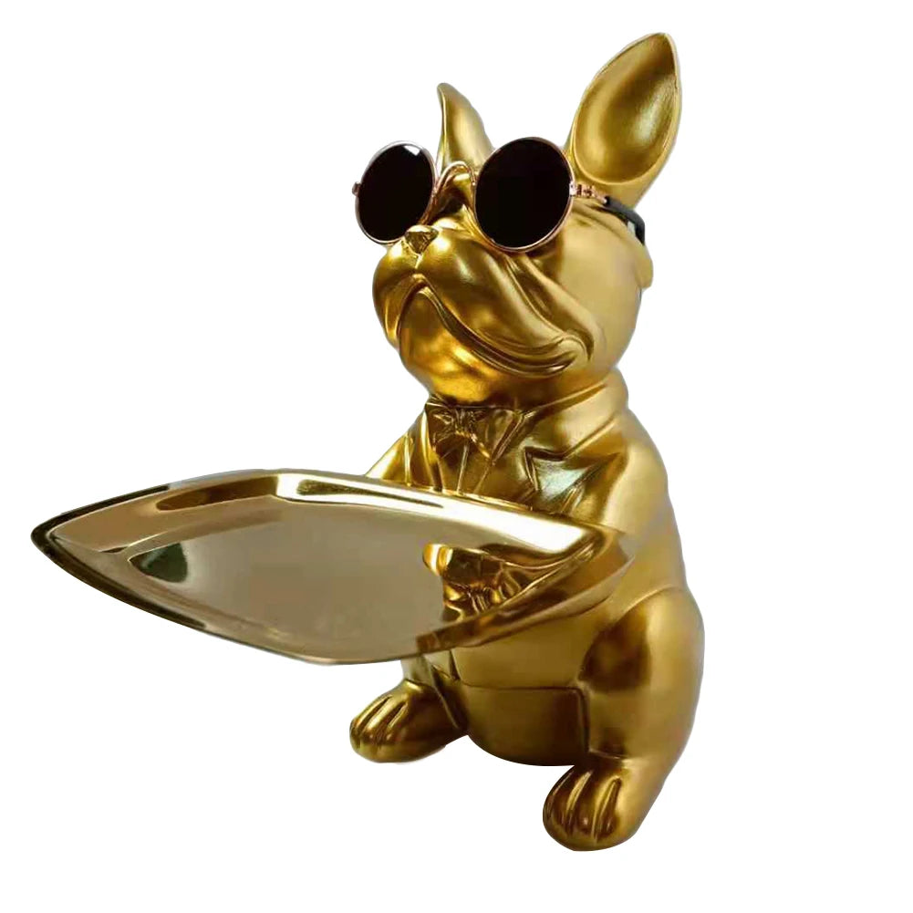 Sculpture déco chien doré chic avec plateau doré — accessoire design et décalé, idéal pour une touche élégante et tendance dans un intérieur moderne