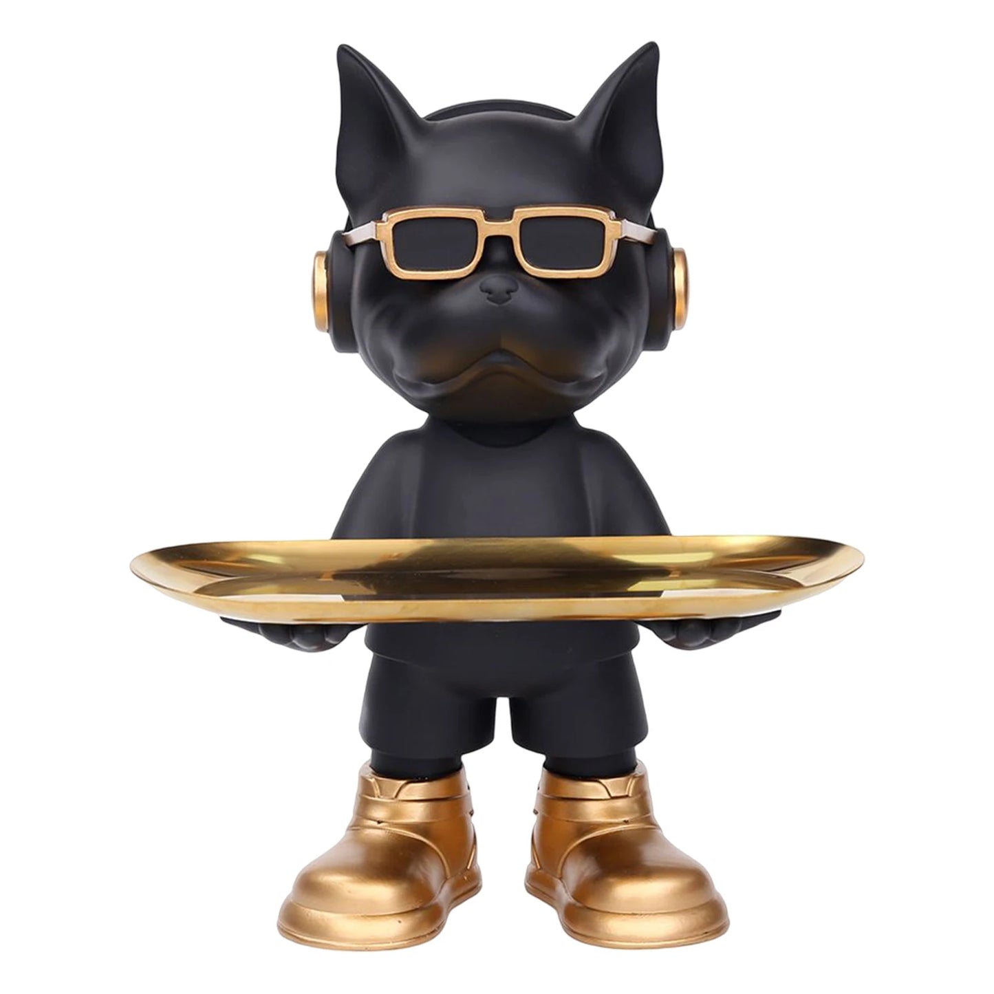 Sculpture design de chien noir avec lunettes dorées, casque audio et plateau chic — un objet déco audacieux et branché pour intérieur moderne, entre style urbain et pop art
