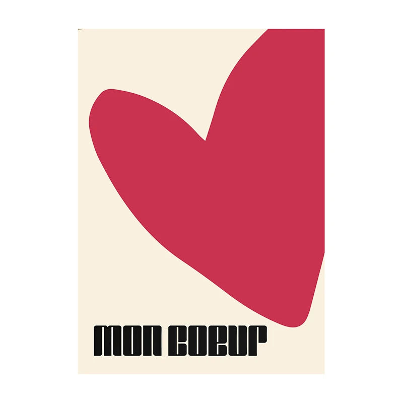 Illustration minimaliste avec un grand cœur rouge et le texte “Mon Cœur”, affiche moderne en typographie rétro pour une décoration murale romantique et design.