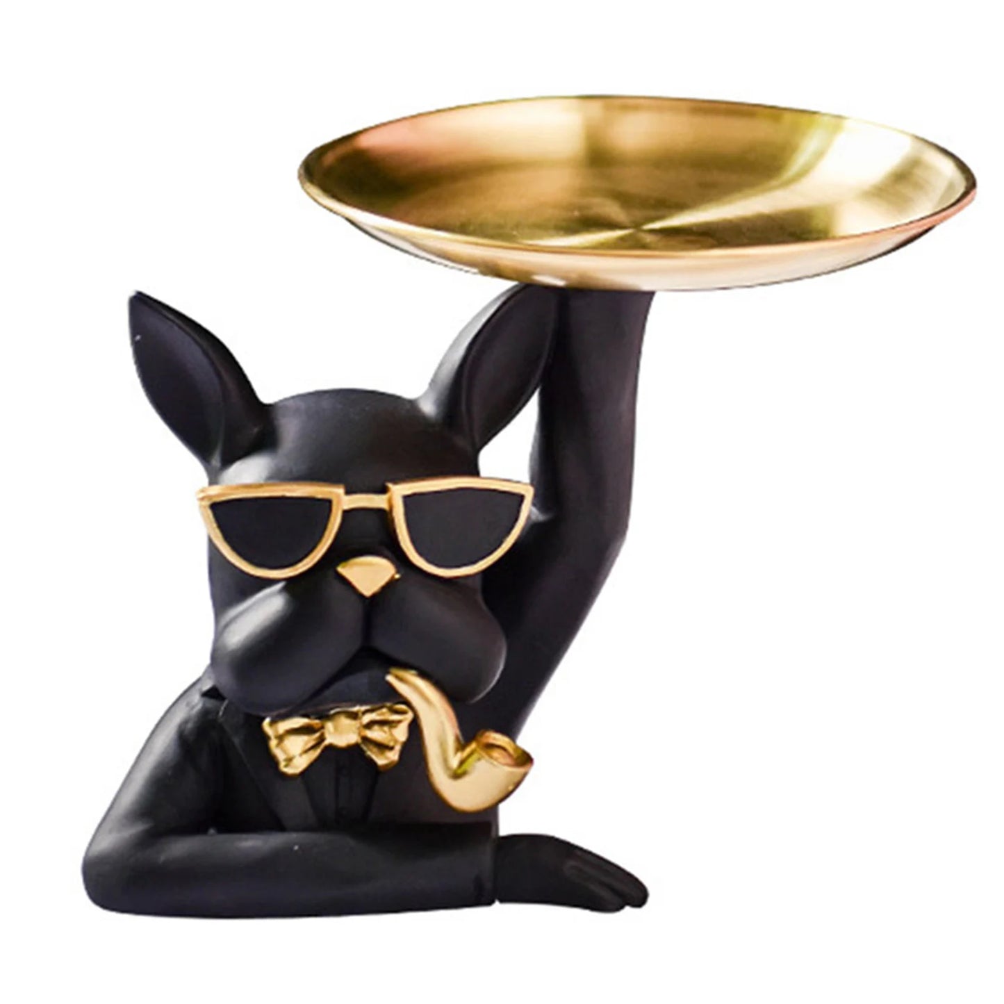 Chien majordome en résine noire avec plateau doré et lunettes rétro, fumant une pipe — une sculpture déco originale et audacieuse qui ajoute du caractère à votre intérieur.