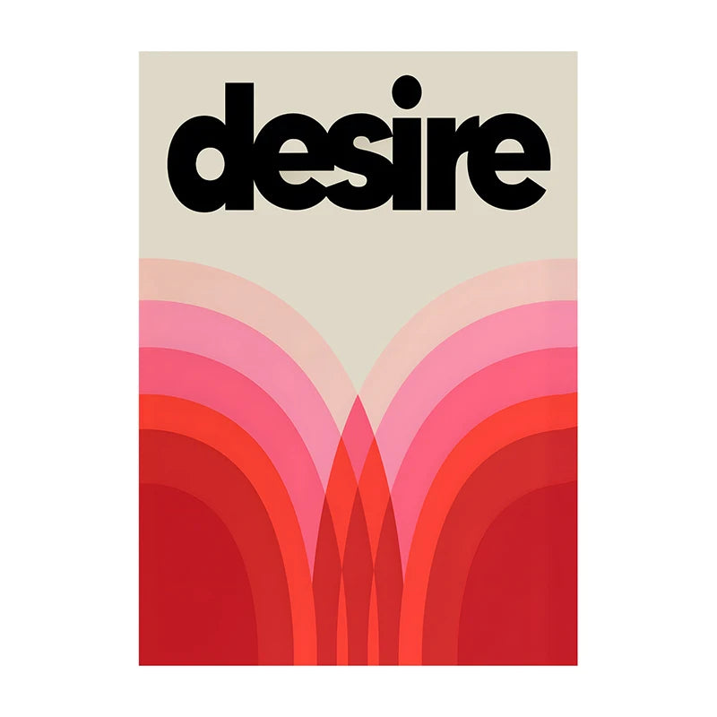 Affiche murale “Desire” au style vintage coloré, typographie noire sur fond dégradé rose et rouge, idéale pour une déco sensuelle et audacieuse.