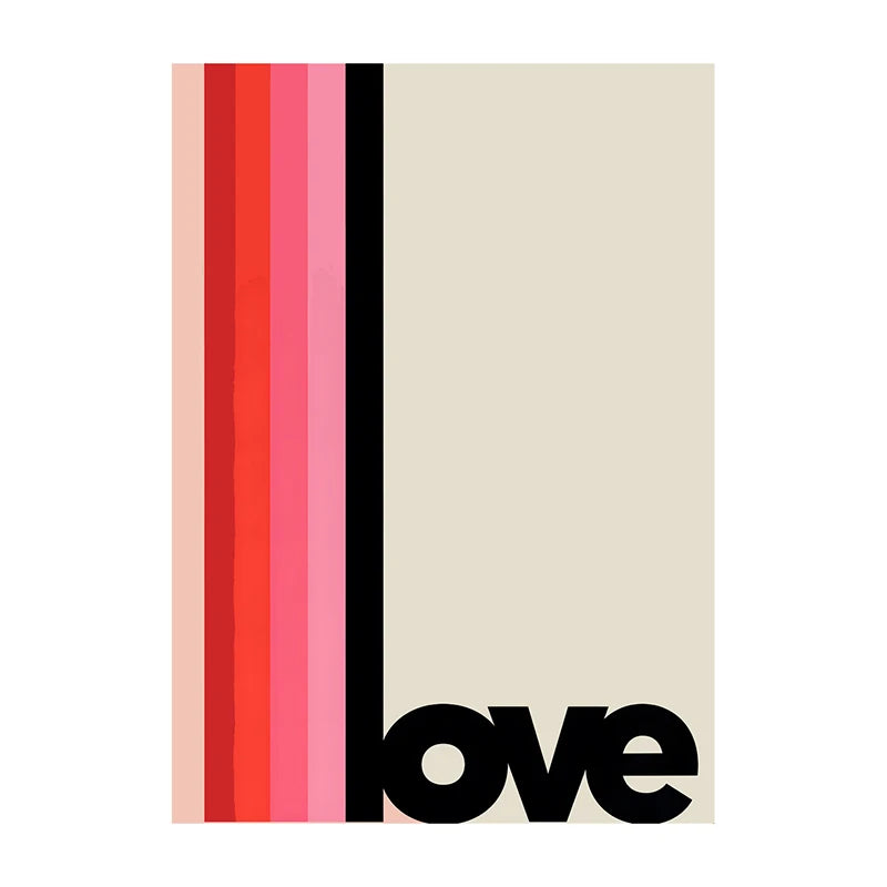 Affiche design “love” en typographie noire avec bandes verticales rouges, roses et noires sur fond beige, style rétro chic pour décoration murale moderne.