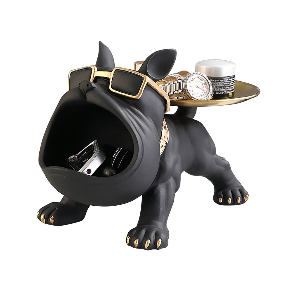 Sculpture décorative bulldog noir avec lunettes et double plateau porte-bonbons, objet déco insolite et fonctionnel pour intérieur moderne et ludique.