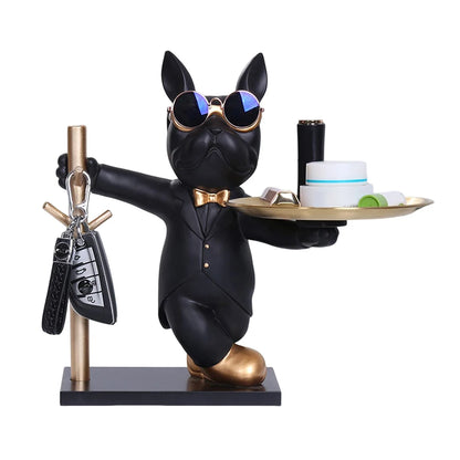 Sculpture chien noir chic avec lunettes miroir, nœud doré et porte-clés intégré, tenant un plateau doré – accessoire déco original et pratique pour entrée ou console modern