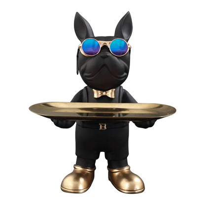 Statue noir de chien bulldog debout chic avec lunettes dorées et plateau en métal, objet déco ludique et élégant pour intérieur design