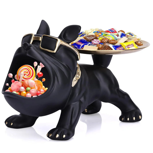 Sculpture décorative bulldog noir avec lunettes et double plateau porte-bonbons, objet déco insolite et fonctionnel pour intérieur moderne et ludique.