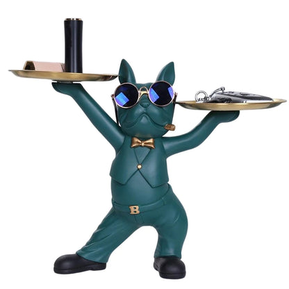 Sculpture chien vert avec lunettes et plateaux dorés — objet déco original et pratique, parfait pour apporter une touche arty et chic à un intérieur contemporain