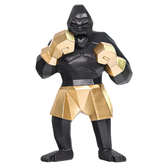 Sculpture gorille boxeur en résine noire avec gants et short dorés,  déco pop art audacieuse pour intérieur moderne ou collection geek