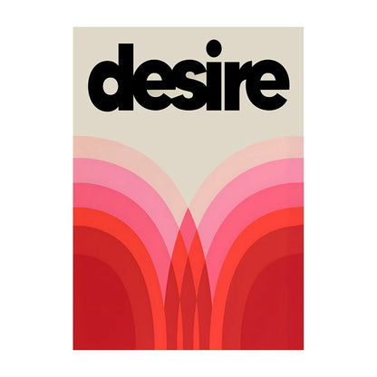 Affiche murale “Desire” au style vintage coloré, typographie noire sur fond dégradé rose et rouge, idéale pour une déco sensuelle et audacieuse.