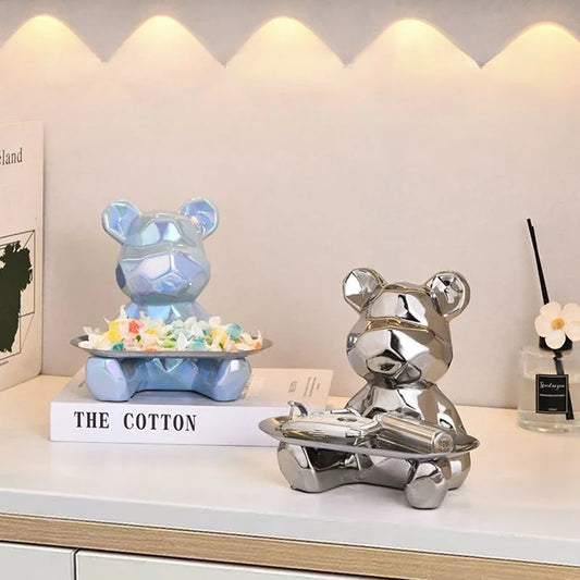 Duo de sculptures ours géométriques décoratifs avec plateaux, finition chromée et nacrée, parfait pour décoration d’intérieur moderne ou rangement créatif
