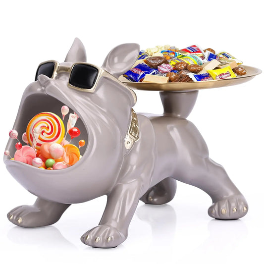 Sculpture décorative bulldog gris avec lunettes et double plateau porte-bonbons, objet déco insolite et fonctionnel pour intérieur moderne et ludique.
