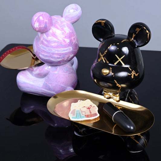 Sculptures ours plateau noir et rose marbré, style luxe et moderne, plateau doré intégré, décoration originale pour coiffeuse ou entrée chic