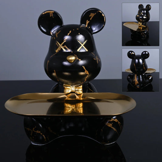 Sculpture ours plateau noir marbré or avec plateau doré, déco moderne chic pour organiser bijoux, clés ou accessoires avec élégance